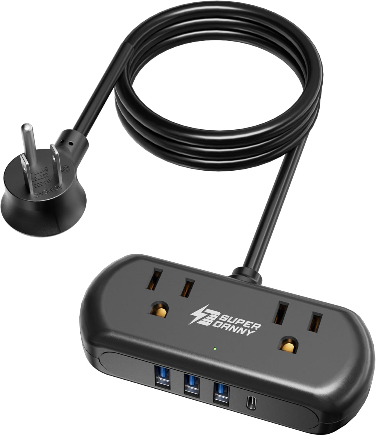 2Ft Extension Cord, SUPERDANNY Mini Surge Protector with 2 Wide-Spaced Outlets, USB Power Strip, 3 USB-A 1 USB-C, Flat Plug, Compact Size Desktop Charging Station Travel, Home, Office, Black