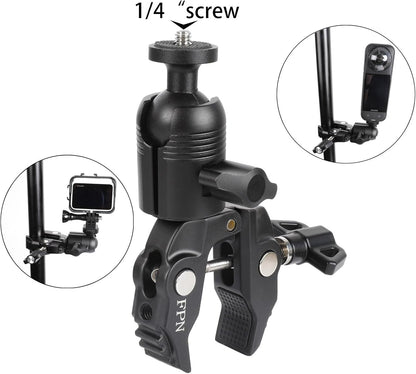 Aluminum Alloy Super Clamp Camera Mount with 360° Ball Head for Bike/Motorcycle Handlebar Pole Tripod Rod 0.5-2.0" Diameter, Compatible with GoPro, Insta360 X5 X4, DJI Osmo Action 5 Pro, Pocket 3