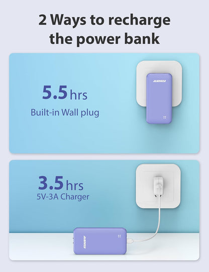 Alongza Portable Charger Built-in Cables and AC Wall Plug, Slim Fast Charging Power Bank 10000mAh, Lightweight USB C External Battery Pack Compact Travel Cell Phone Charger