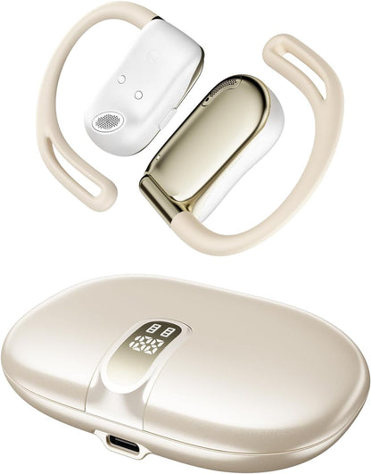 Open Ear Headphones, 0.28oz Lightweight Next-Gen Bluetooth 5.4 Air Conduction Wireless Earbuds w/Extra Bass, 48H Playtime, 3 EQ Modes, ENC Mic, IPX5, Snug Fit for Workout Running Beige
