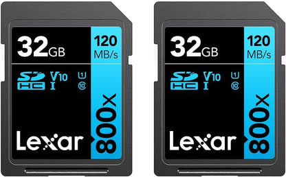 Lexar High-Performance 800x 32GB (2-Pack) SDHC UHS-I Memory Cards, C10, U1, V10, Full-HD & 4K Video, Up to 120MB/s Read, for Point-and-Shoot Cameras, Mid-Range DSLR, HD Camcorder (LSD0800032G-B2NNU)