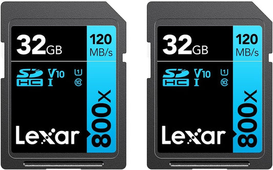 Lexar High-Performance 800x 32GB (2-Pack) SDHC UHS-I Memory Cards, C10, U1, V10, Full-HD & 4K Video, Up to 120MB/s Read, for Point-and-Shoot Cameras, Mid-Range DSLR, HD Camcorder (LSD0800032G-B2NNU)