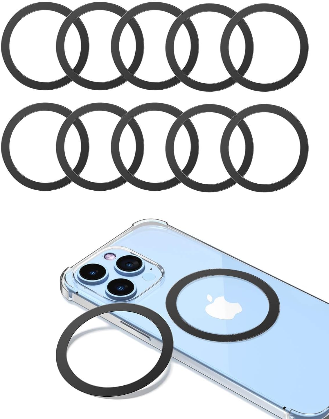 Metal Rings 10PCS,Ultra-Thin(0.4mm) for MagSafe Sticker,Magnetic Adapter,Phone Cases&Wireless Charger,Compatible with iPhone 16/15/14/13,Galaxy S24/S23/S22/Kindle (Black 10PCS)