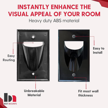 BestMounts - 10 Pack Inner Nose Behind Wall Cable Management TV Cord Hider for Wall Mounted TV - Single Gang Low Voltage Recessed Wall Plates Cable Pass Through for Wires, HDTV, HDMI (Black)