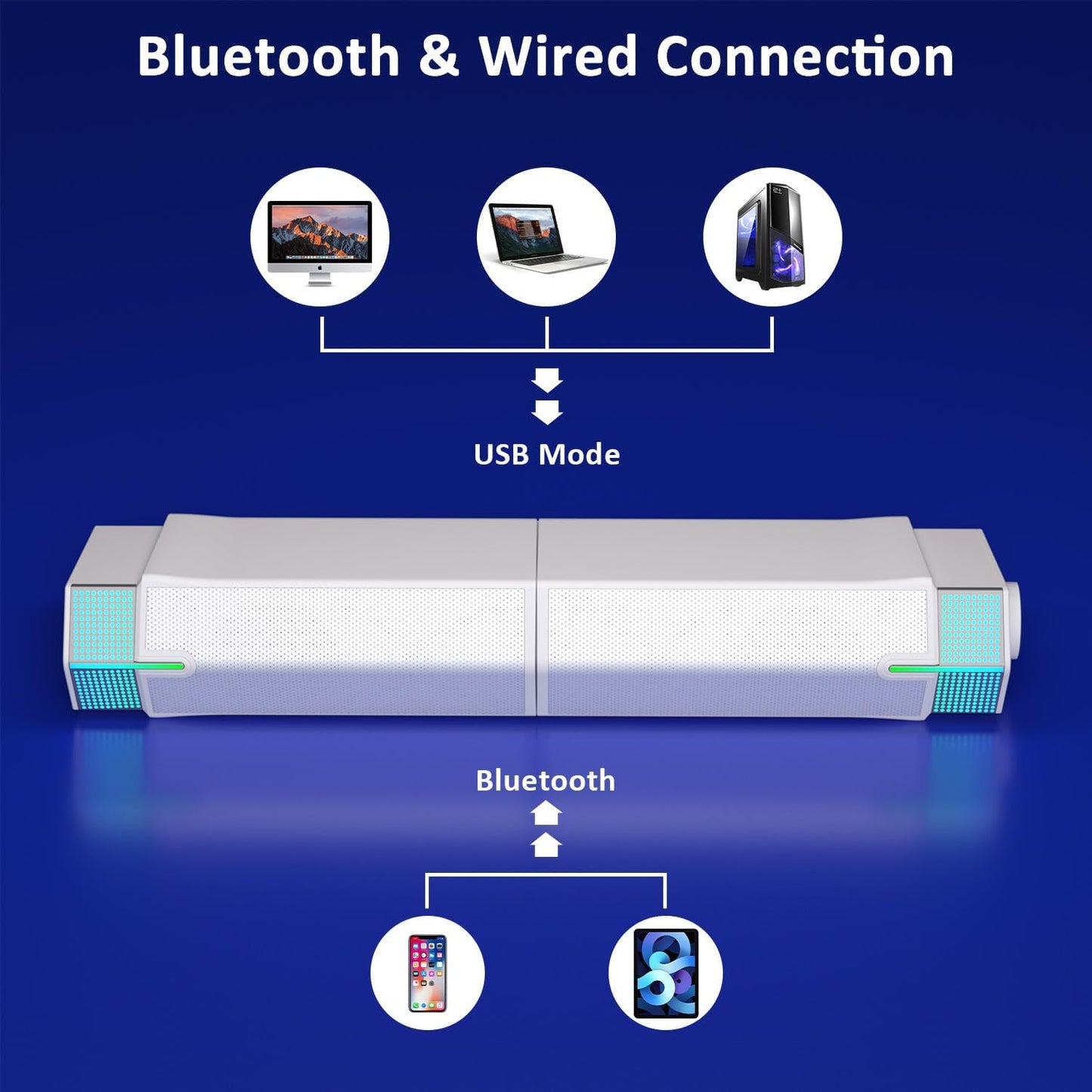 Jeecoo M20 Bluetooth Computer Speakers for PC Desktop Monitor, Gaming PC Sound Bar - Wired USB-Powered, Superb Stereo Sound, with LED Lighting (White)