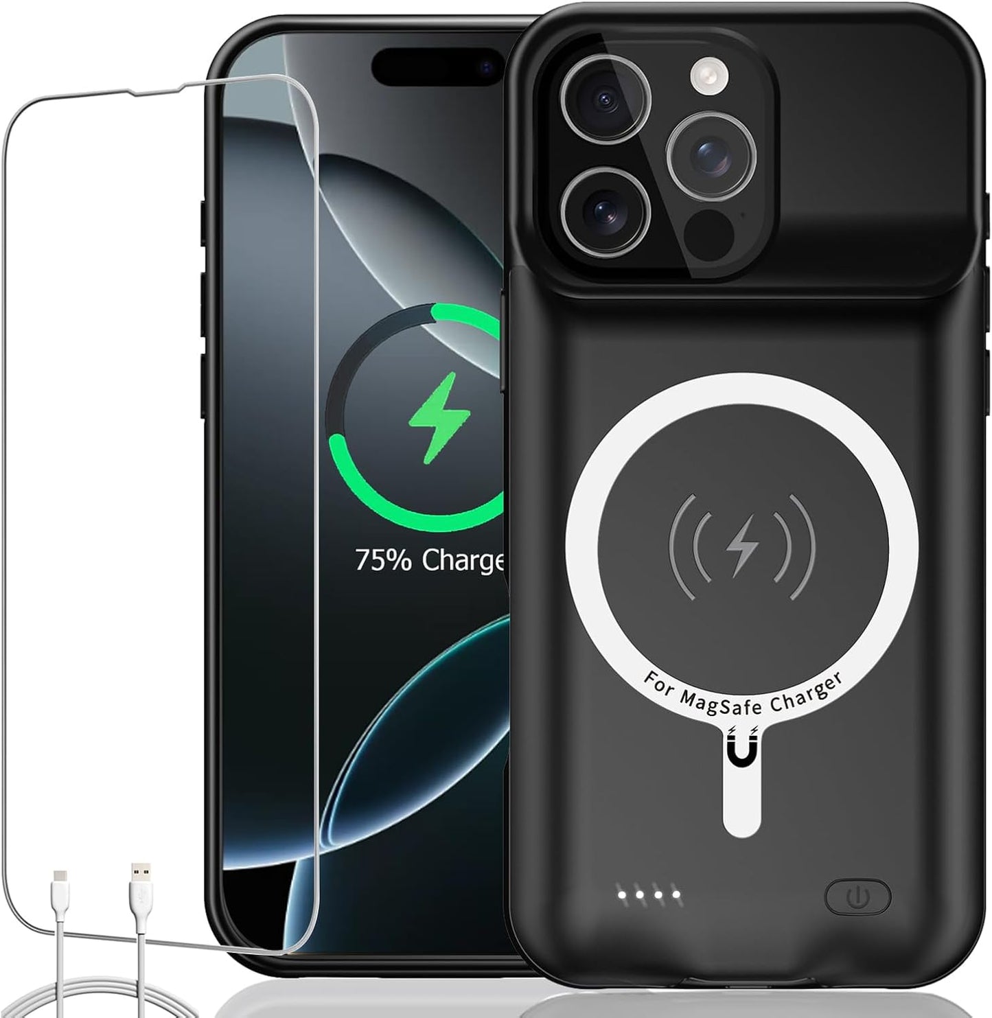 Battery Case iPhone 16 Pro, Upgraded 10000mAh Rechargeable Portable Extended Battery Pack Supported Qi Wireless Charging Case Compatible with iPhone 16 Pro (6.3 inch) Charger Power Bank (Black)