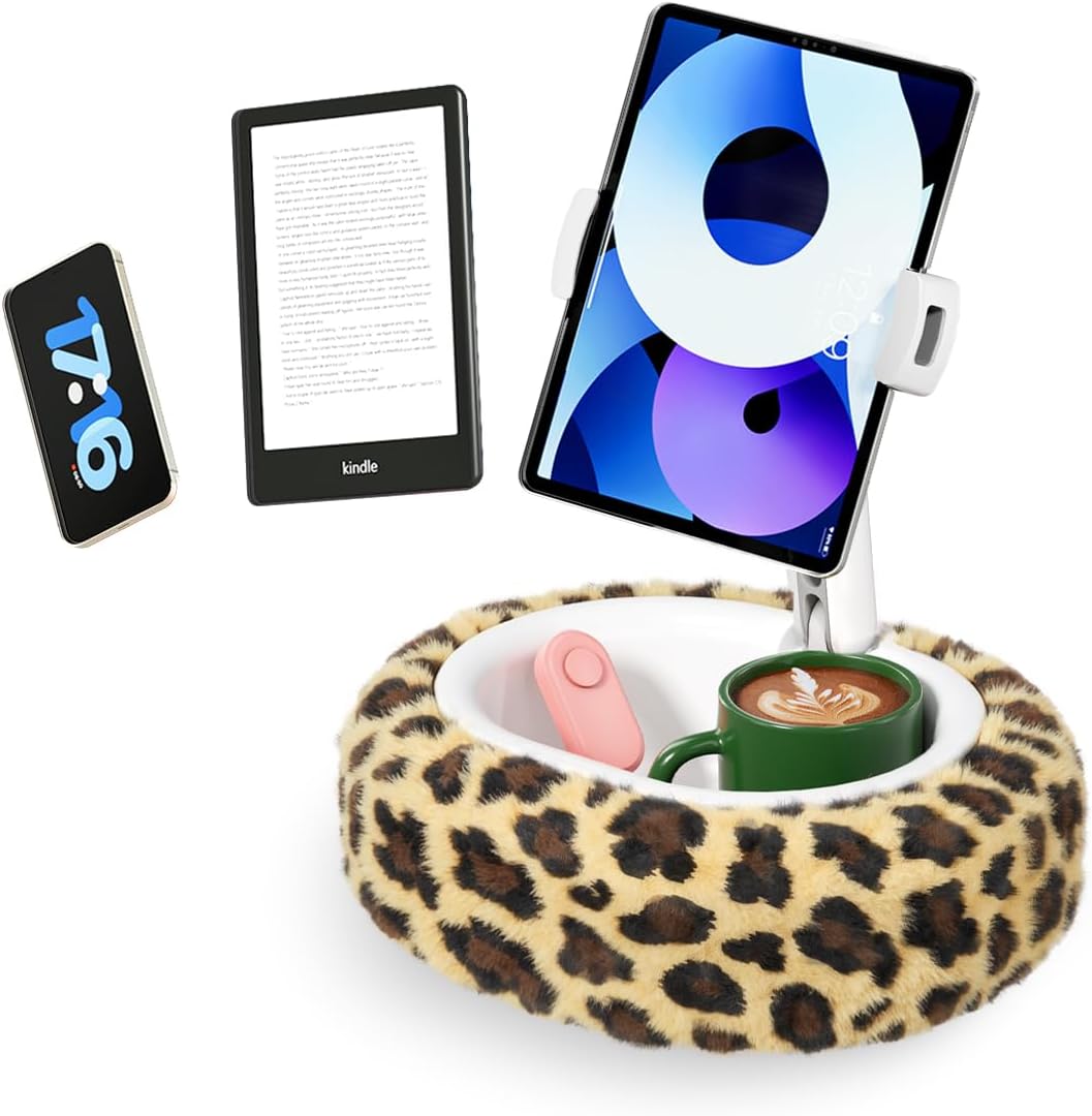 Kindle Pillow Stand with Leopard Print – Soft Tablet Holder with Snack Bowl & Cup Holder, Fuzzy Hands-Free Stand for Bed, Couch, Compatible with Kindle, iPad, Phones (Leopard)
