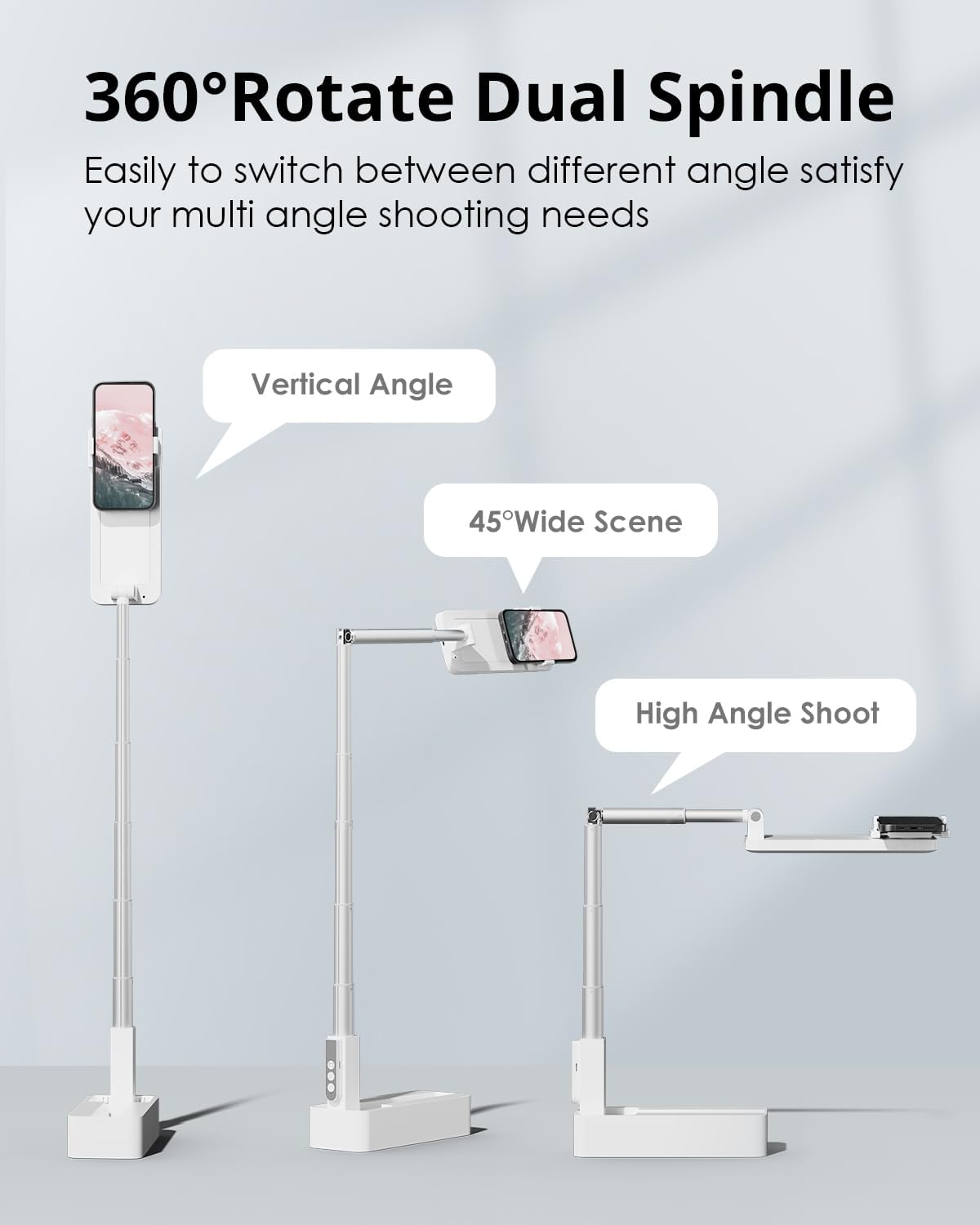 Phone Stand for Recording, Overhead Phone Mount with Light, Selfie Stand,Portable,Extendable,360° Rotate,Adjustable,Wireless Remote,Rechargeable, for 3.5-6.9" Phones, Live Streaming, White