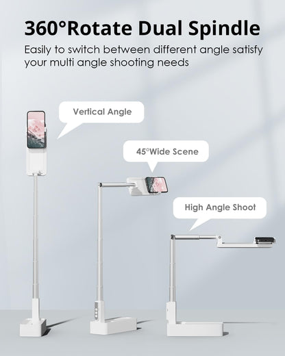 Phone Stand for Recording, Overhead Phone Mount with Light, Selfie Stand,Portable,Extendable,360° Rotate,Adjustable,Wireless Remote,Rechargeable, for 3.5-6.9" Phones, Live Streaming, White