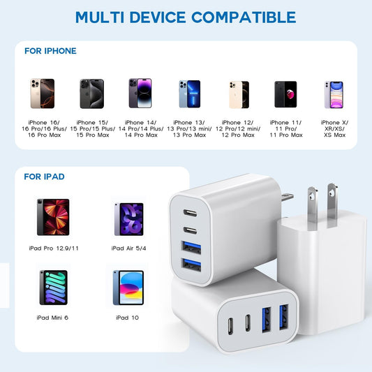 35W Apple iPhone 16 Pro Adapter,3Pack 4-Port Quick Charger Block USB C MultiPort PD Plug Adapter+QC Double Type C Adapter Fast Charging for iPhone 16/16 Pro/15/15 Pro/14/13/12/11 Pro Max/XR/X/8/7/iPad