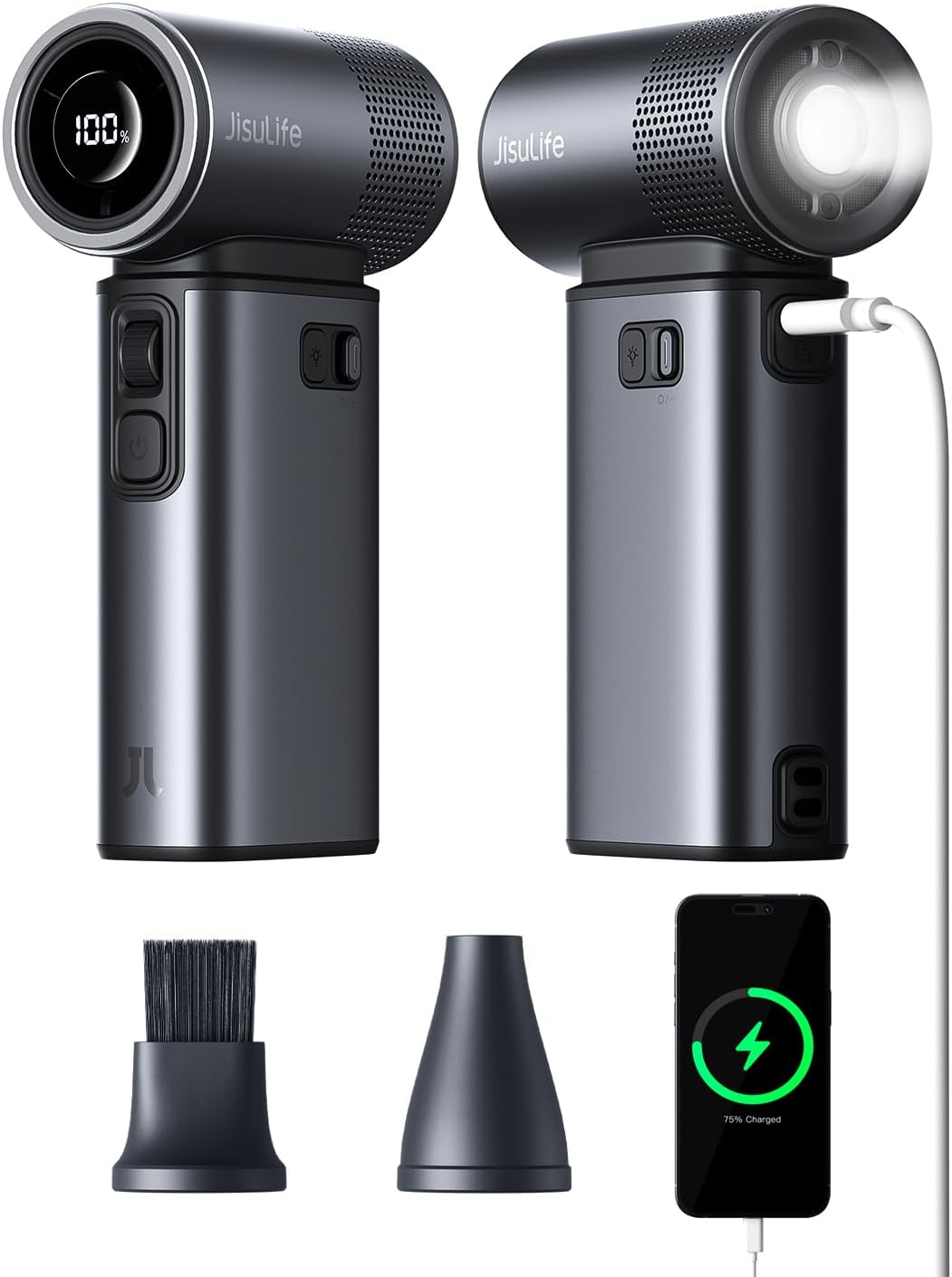 JISULIFE Portable Handheld Fan Ultra2, 9000mAh Max 25 Hrs, 5 IN 1, 100 Speed Turbo Fan Rechargeable 18W Power Bank with Flashlight, Metal Shell Multi-Function Travel Essentials Gifts for Men-Grey