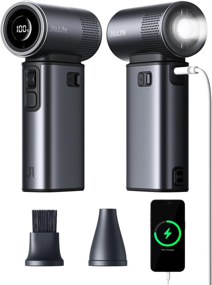 JISULIFE Portable Handheld Fan Ultra2, 9000mAh Max 25 Hrs, 5 IN 1, 100 Speed Turbo Fan Rechargeable 18W Power Bank with Flashlight, Metal Shell Multi-Function Travel Essentials Gifts for Men-Grey