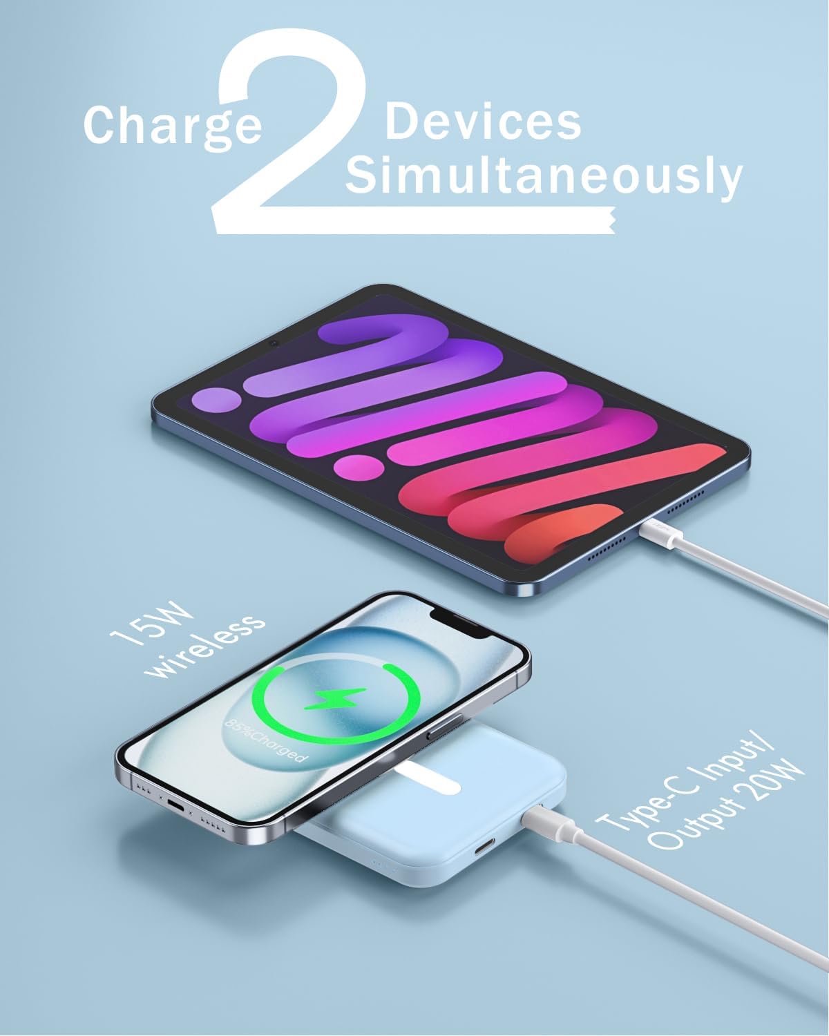 podoru for Magsafe Battery Pack, 5000mAh Magnetic Power Bank with Type-C Cable 20W PD Fast Charging Lighting Input Wireless Portable Charger for iPhone 16/15/14/13/12/ All Series-Sierra Blue