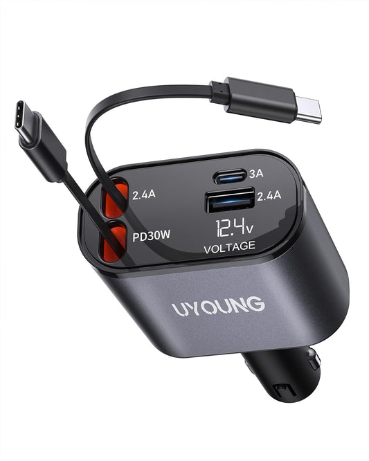 Retractable 4 in 1 Fast Car Charger - 30W Dual USB Type C, 31.5 Inch Cables - Compatible with iPhone 16/15/14/13/12, Samsung, Pixel, iPad