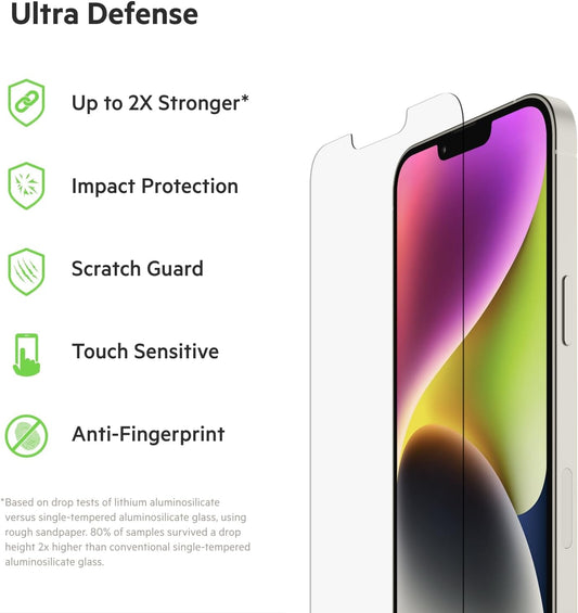 Belkin UltraGlass iPhone 14 Plus, iPhone 13 Pro Max Screen Protector - Easy Application with Installation Guide Tray - Crystal Clear Tempered Glass Screen Protector with AntiMicrobial-Treated Display