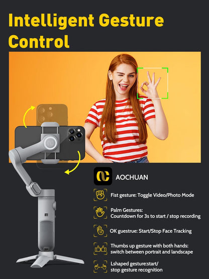 Gimbal Stabilizer for Smartphone with Face/Object Tracking for iPhone 15 14 Pro Max Android,3-Axis Foldable Phone Gimbal w/Built-in Light,1/4 Threads for TikTok YouTube Vlogging(Smart X Grey)