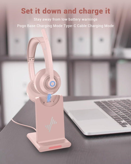 Wireless Headset with AI Noise Cancelling Microphone Bluetooth Headset - Bluetooth V5.2 Headphones with USB Dongle, Charging Base & Mic Mute for Computer/Laptop/PC/iPhone/Android/Cell Phones (Pink)