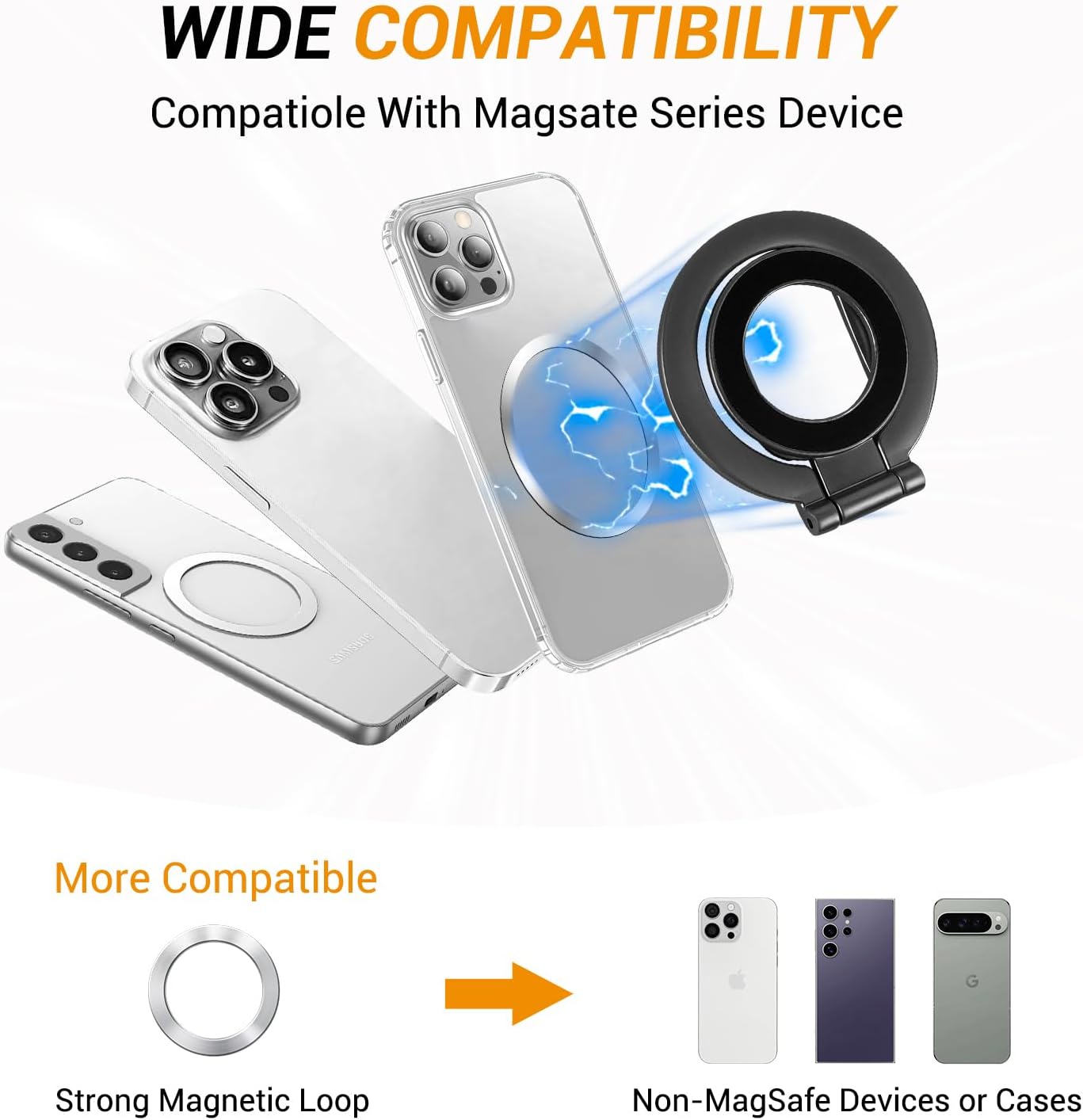 Magnetic Ring Holder Grip, Adjustable Magnet Phone Ring Stand, Multi-Angle Stability Kickstand, Strong Double Sided Magnetic Phone Grip, with Magnet Ring for Phone Case, Black