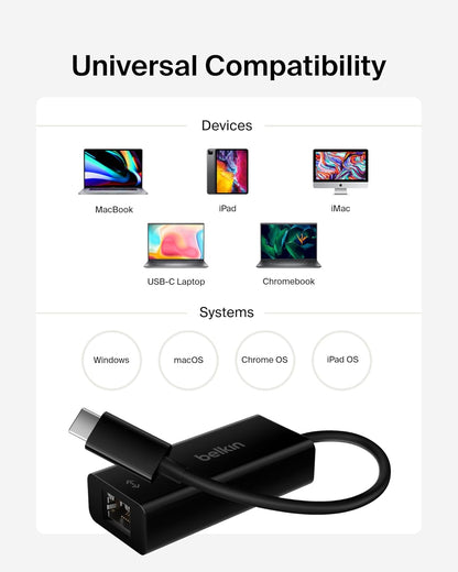 Belkin USB-C to Ethernet Adapter, Gigabit Ethernet Port Compatible w/ USB-C Devices, USB-C to Ethernet Cable for MacBook Pro & Dell XPS 13” Laptops, Ethernet USB-C Hub, Ethernet USB-C Adapter - Black
