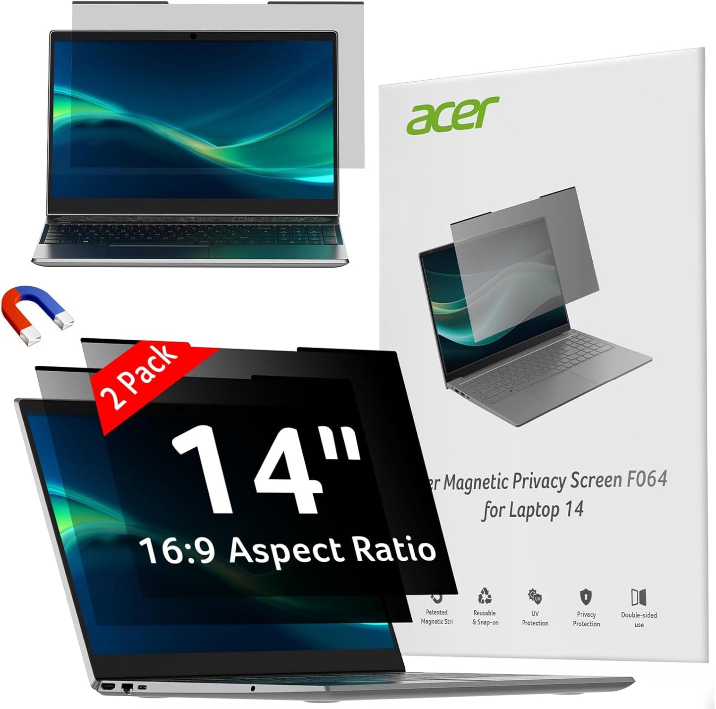 acer 2-Pack Laptop Privacy Screen - for Laptop 14 Inch 16:9, Magnetic & Removable Privacy Filter Shield, Anti-Glare Screen Protector, Dual-Sided Monitor Shield, for HP, Dell and Other Major Brands