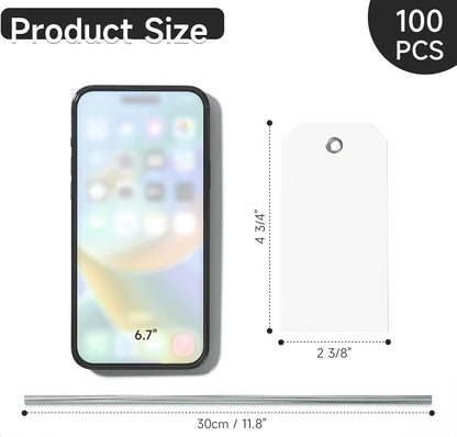 100 White Tags with String - Large Plastic Tags with Reinforced Hole for Price Machines Parts Luggage Garage Inventory (4 3/4" x 2 3/8")