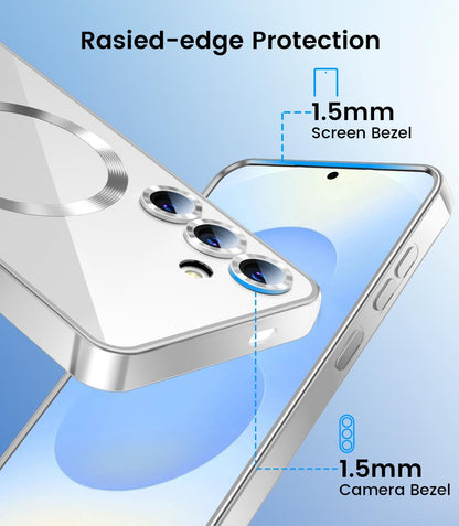Slim Thin for Samsung Galaxy S25 Plus Case, Compatible with MagSafe, Built-in Camera Lens Protector, Shockproof Protective Phone Case, Soft Electroplated Clear Cover, Silver