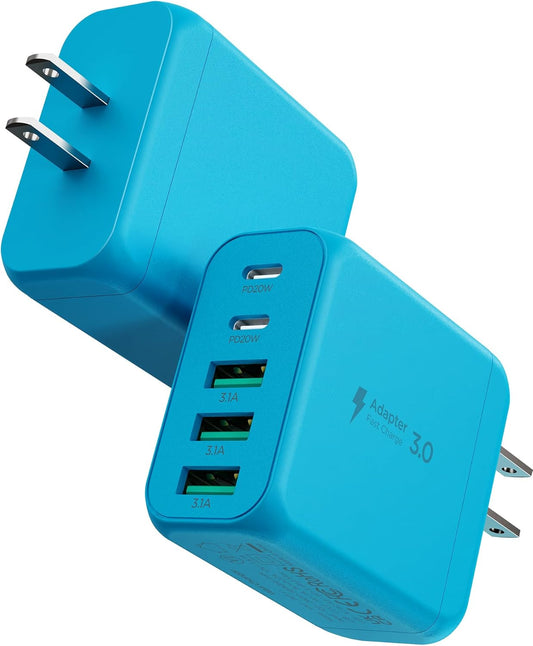USB C Charger Block, [2-Pack] Type C Charger Fast Charging,50W 5-Port USB Wall Charger Multiport Type C Charging Block Cube for iPhone 1615 14 13 12 11 Pro Max XS,iPad,Samsung&More-Blue
