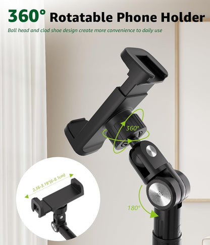 Phone Floor Stand, Overhead Phone Mount with Extendable Horizontal Arm & Remote, 360° Rotatable Extension Arm, Adjustable Tripod Stand for iPhone Video Recording, Photography, Live Streaming