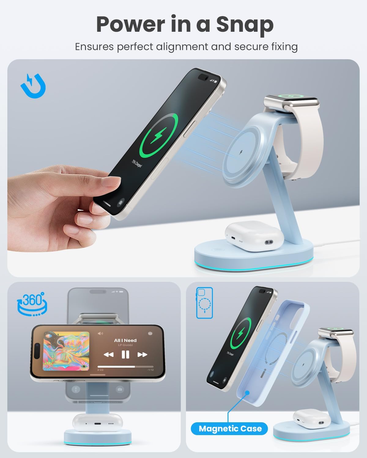 3 in 1 Wireless Charger Charging Station for iPhone,Qi2 Certified 15W Magnetic Charging Stand for Mag-Safe with 30W USB C Adapter&Friendly Night Light for iPhone 16/15/14/13/12,Apple Watch,AirPods