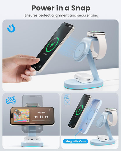 3 in 1 Wireless Charger Charging Station for iPhone,Qi2 Certified 15W Magnetic Charging Stand for Mag-Safe with 30W USB C Adapter&Friendly Night Light for iPhone 16/15/14/13/12,Apple Watch,AirPods