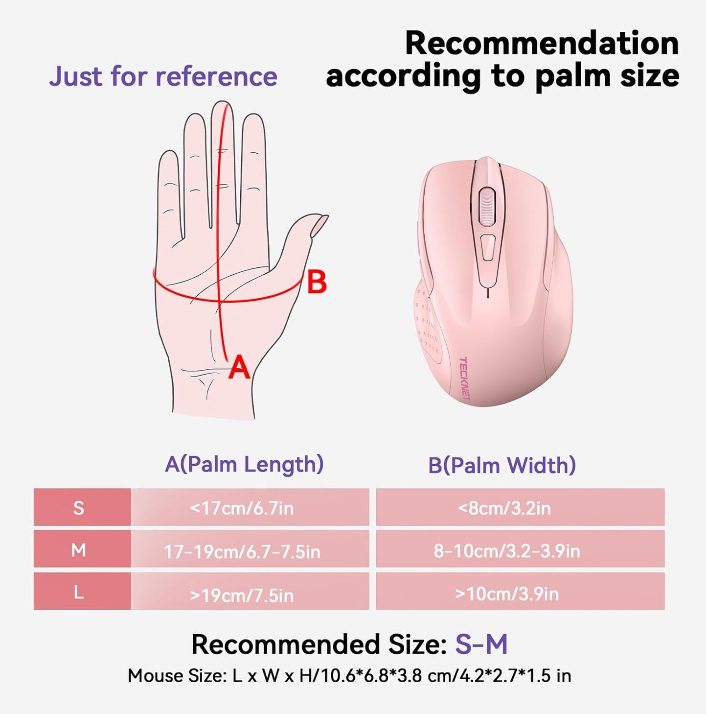 TECKNET Wireless Mouse (2.4G & BT5.0/3.0) Silent 4800 DPI Computer USB A & Bluetooth Mouse 6 Buttons, Wide Compatibility - Pink