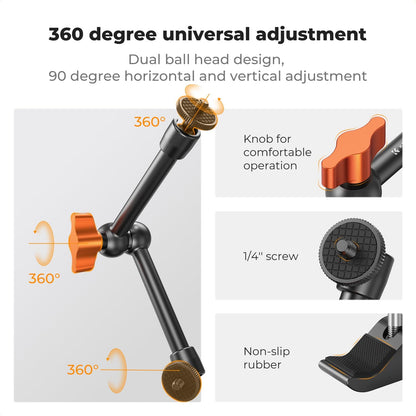 K&F CONCEPT 9.8" Magic Arm Clamp Kit with 1/4" & 3/8" Thread Screw 360° Ball Heads Articulating Magic Arm with Tripod Mount Adapter for Gopro/LED Lights/Monitor/Flash/Microphone/DSLR Camera