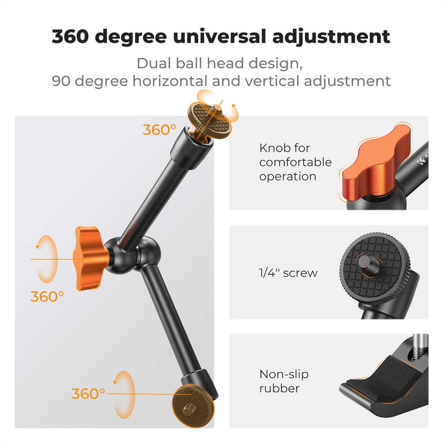 K&F CONCEPT 9.8" Magic Arm, 1/4" Screw Camera Mount Arm 360° Ball Heads for DSLRs, Monitor, Flash, LED Light, Microphone, Camera Cage, Action Camera