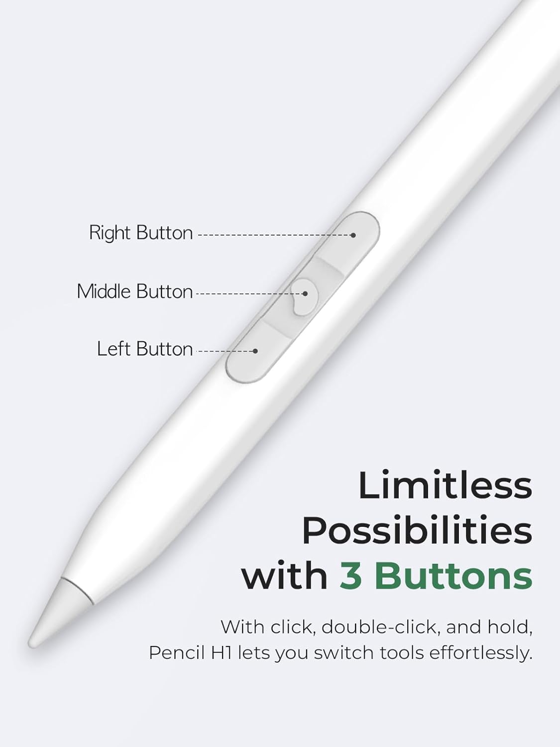 REDBEAN iPad Stylus Pen H1, 9 Shortcut Functions with 3 Buttons, Tilt Sensitivity, Magnetic Wireless Charging Pencil Compatible with Apple iPad Pro 11"/12.9", Air 3/4/5, Mini 5/6, iPad 6th-10th Gen.