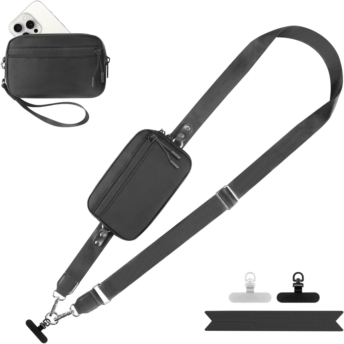 Clip and Go Strap for Phone with Wallet Crossbody, Adjustable Phone Lanyard with Detachable RFID Wristlet Wallet, Black (L)