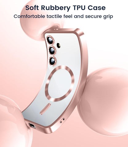 Slim Thin for Samsung Galaxy S25 Case, Compatible with MagSafe, Built-in Camera Lens Protector, Shockproof Protective Phone Case, Soft Electroplated Clear Phone Cover, Rose Gold