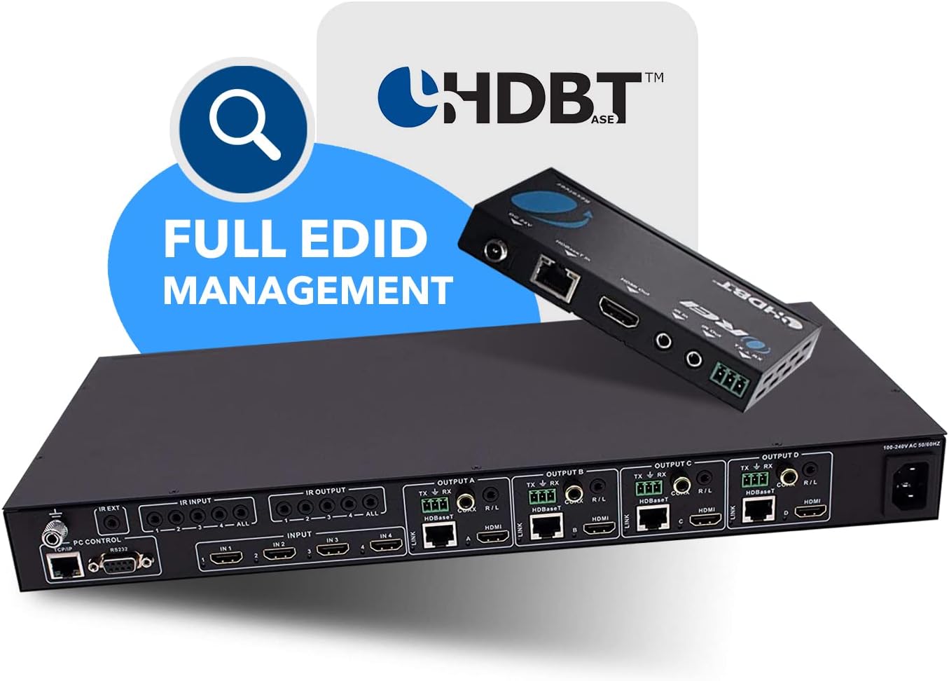 OREI Professional 4K 4x4 HDMI Extender Matrix - HDBaseT UltraHD 4K @ 60Hz 4:2:0 Over Single CAT5e/6/7 Cable with HDR Switcher & IR Control, RS-232 - Up to 230 Ft - Loop Out - 4 Receivers Included