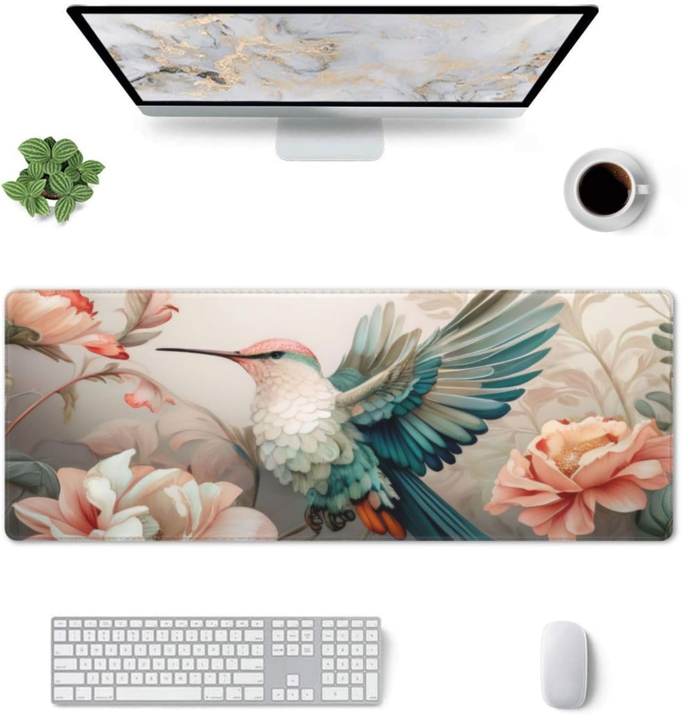Gaming Mouse Pad, Large Non-Slip Rubber Base Mousepad, Keyboard Mouse Mat, Desk Pad with Stitched Edges, 31.5x11.8inch, Art Bird Flower