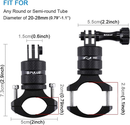 PULUZ Bike Camera Handlebar Mount for Gopro Hero 12/11/10/9/8/7/6 Bike Motorcycle Mount Clip, 360 Degree Rotation Aluminum Bicycle Bracket for DJI OSMO Action&Xiaoyi Camera