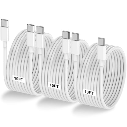 3-Pack 10FT 60W USB C to USB C Cable, Type C to Type C Cable,Fast Charging Cable for iPhone 16 15 Pro Plus Pro Max，for Galaxy S24 S23, for iPad Pro/Air, for MacBook Pro/Air and More