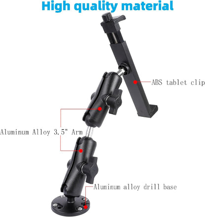 Aluminum Heavy Duty Drill Base Car Tablet Mount for 6.5"-12.9" Tablets/iPad Pro/Mini/Samsung Tab/Surface, 360° Adjustable 2-Stage Tablet Holder for Truck, Business Vehicle, Desktop, Wall, etc.