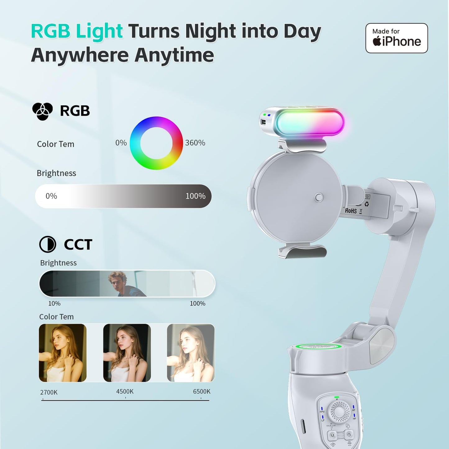 Only for iPhone, MOGO [Apple MFi Certified] Gimbal Stabilizer with Phone Clamp & RGB Light, Video Gimbal Stabilizer Allows Select Tracking Subject, Gaze-Tracking for iPhone 16 15 Pro Max
