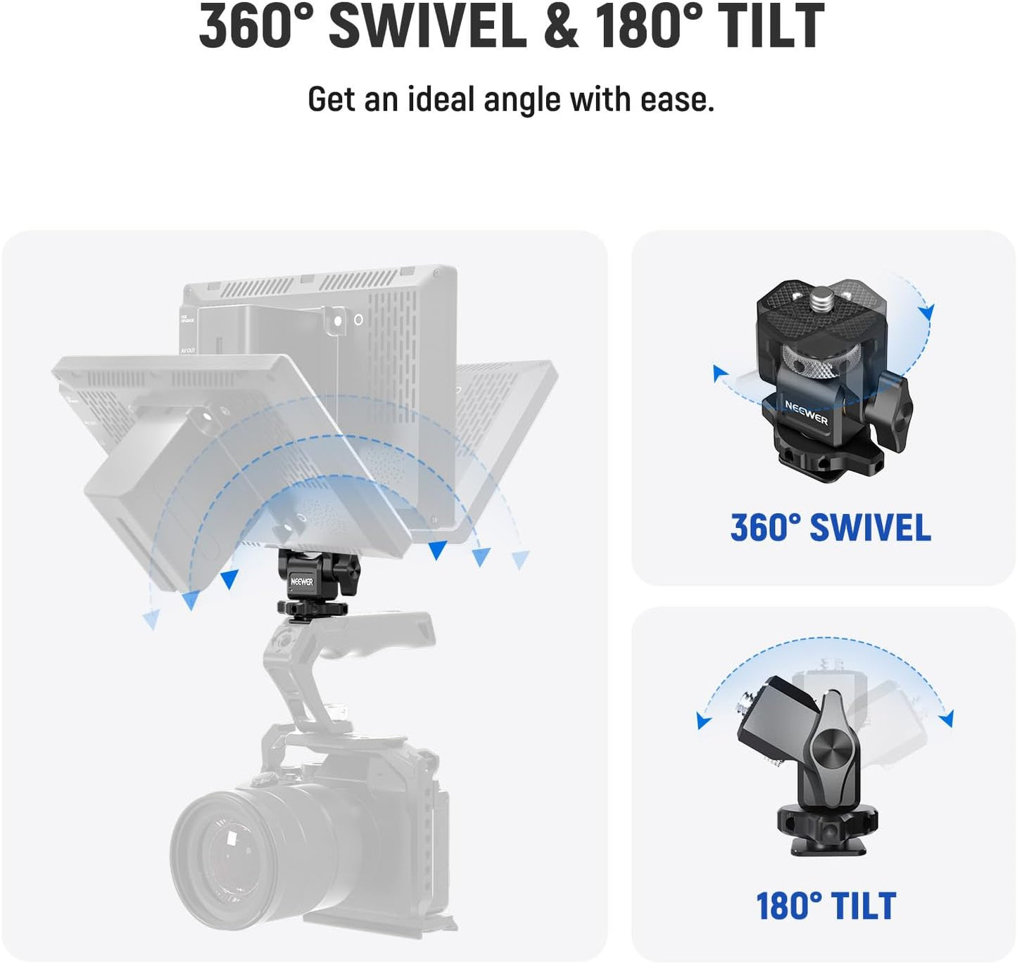 NEEWER Camera Monitor Mount with Cold Shoe (2 Pack), Anti Twist 1/4" Screw for 5" & 7" Field Monitor Compatible with Atomos Ninja V, 360° Swivel & 180° Tilt Damping, Compatible with SmallRig, MA006