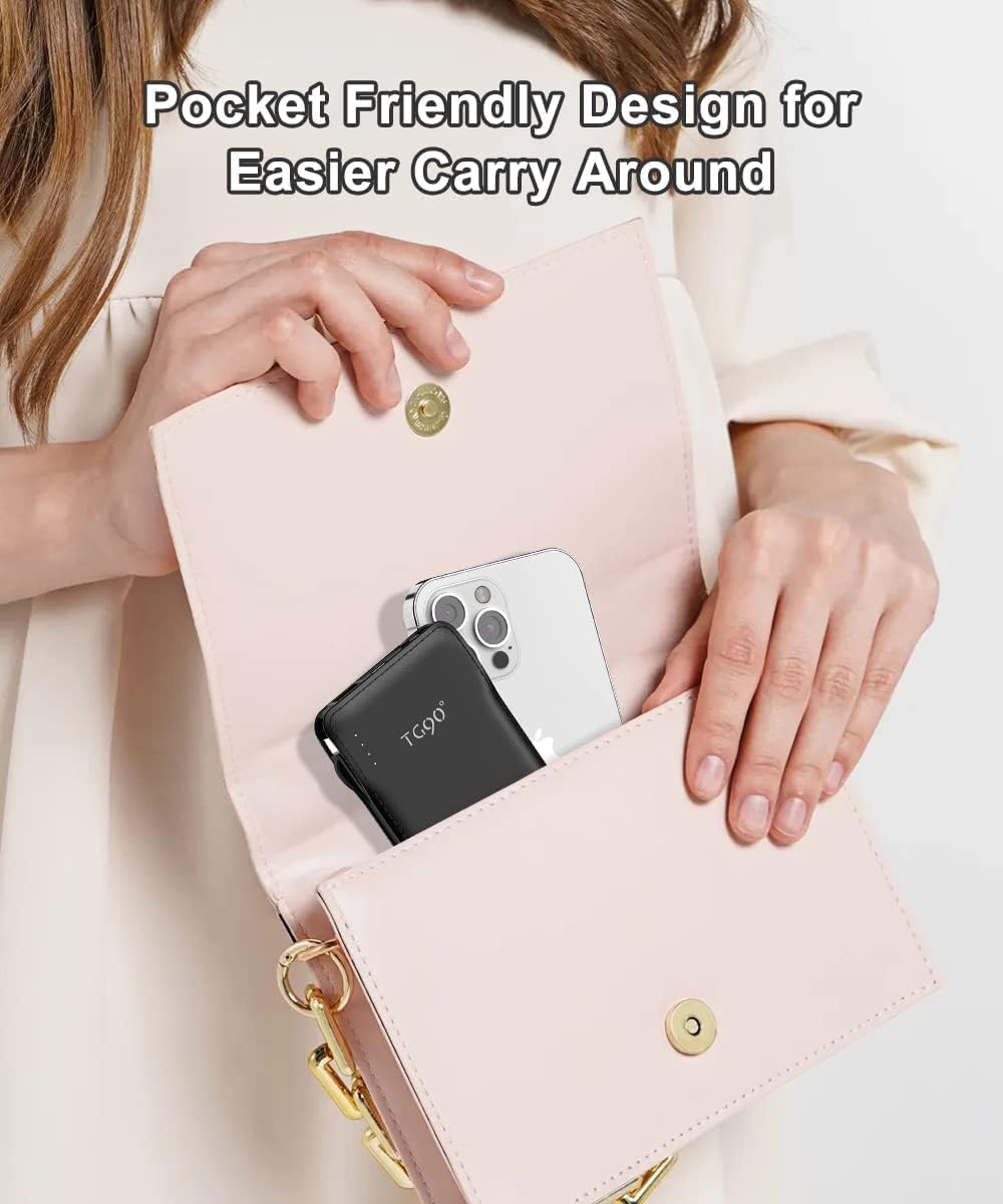 TG90° Portable Charger with Cords 10000mAh Power Bank with Built in Cables Battery Backup Cell Phone External Battery Pack Compatible with iPhone 16 15 14 13 12 Samsung S22 S21 Google iPad etc