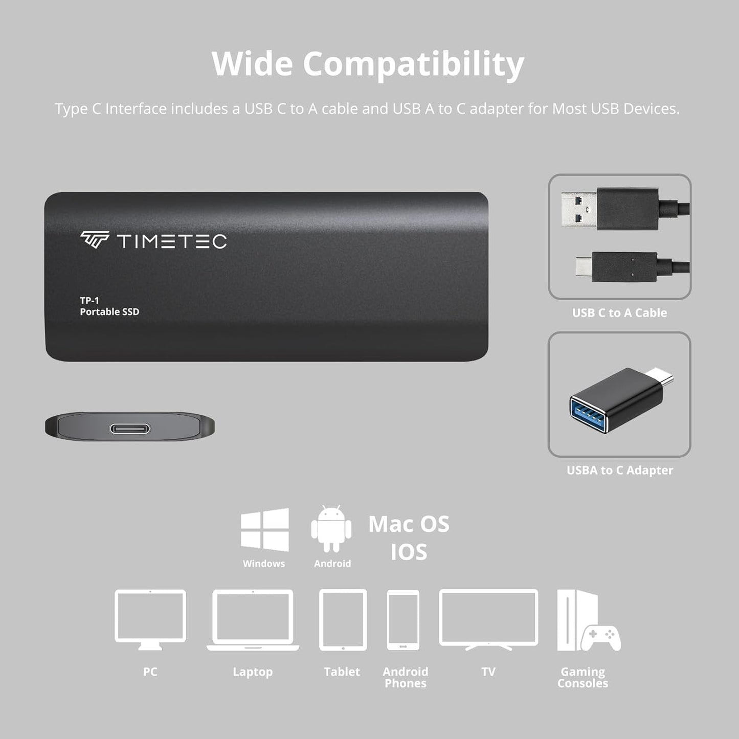 Timetec 512GB Portable External SSD USB3.2 Gen2 Type C Up to 550MB/s Ultra-Light Aluminum Mini External Solid State Drive with USB C to A Cable/USB A to C adapter for Desktops/Laptop/Mac/Mobile- Black