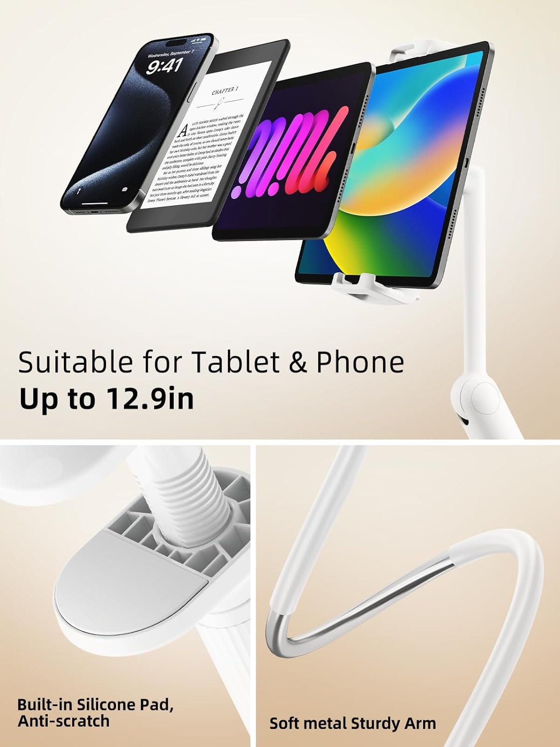 SAIJI Gooseneck Tablet Holder for Bed, One-Hand Adjustable, 47" Length, Upgraded Base, iPad Holder Stand Flexible Lazy Arm, Compatible with iPad/iPhone/Kindle/Switch or Other 4.7-13" Device (White)