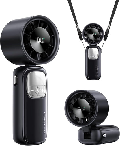 3-in-1 Portable Handheld Turbo Fan-100 Speeds, 15000 RPM, 10Hrs Cooling, LED Display, 90° Rotation, USB Rechargeable Battery Powered, Mini Foldable Hand Held Personal Fan for Women Men (Black)