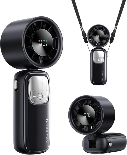 3-in-1 Portable Handheld Turbo Fan-100 Speeds, 15000 RPM, 10Hrs Cooling, LED Display, 90° Rotation, USB Rechargeable Battery Powered, Mini Foldable Hand Held Personal Fan for Women Men (Black)