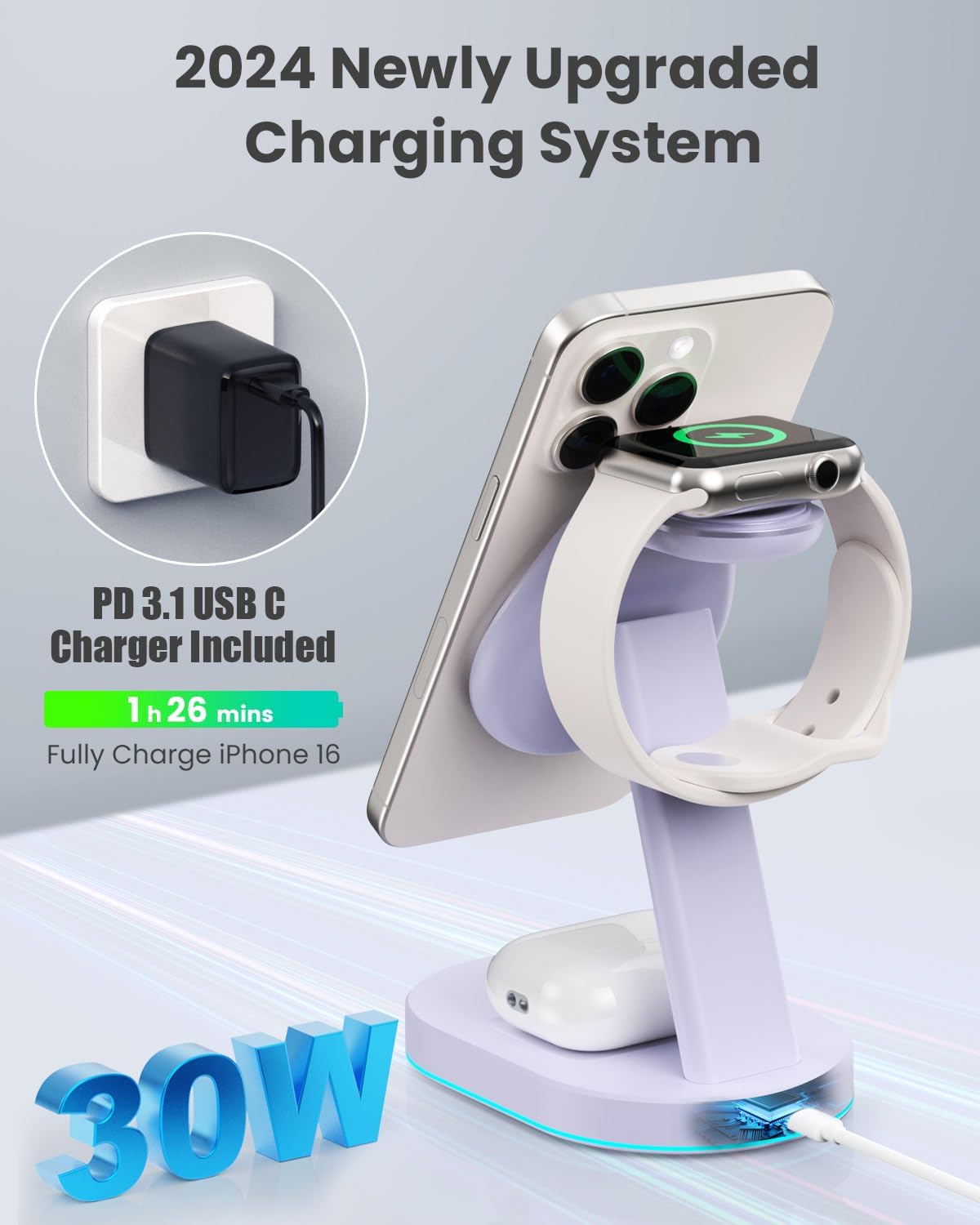 3 in 1 Wireless Charger Charging Station for iPhone,Qi2 Certified 15W Magnetic Charging Stand for Mag-Safe with 30W USB C Adapter&Friendly Night Light for iPhone 16/15/14/13/12,Apple Watch,AirPods