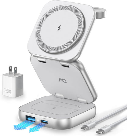 5-in-1 Wireless Charger for MagSafe, AC ISLAND Portable Travel Charging Station, 15W Max Fast Foldable Magnetic Stand, Evolved for iPhone 16/15/14/13 Series, Apple Watch, AirPods (with 35W Adapter)